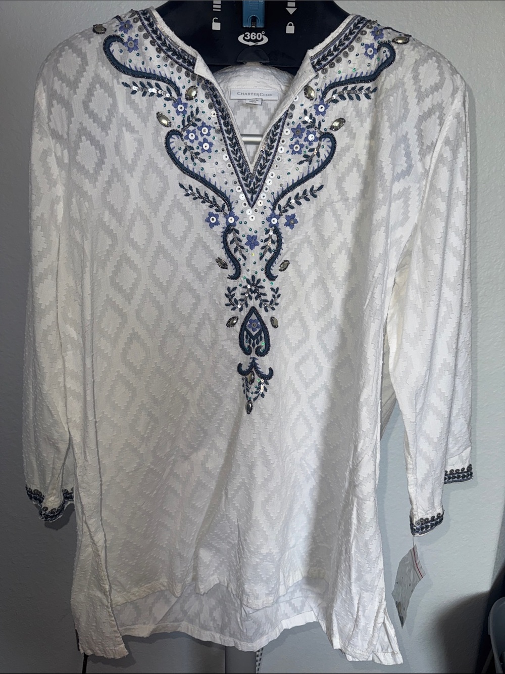 NWOT Charter Club White Tunic with Blue Embroidered V-Neck